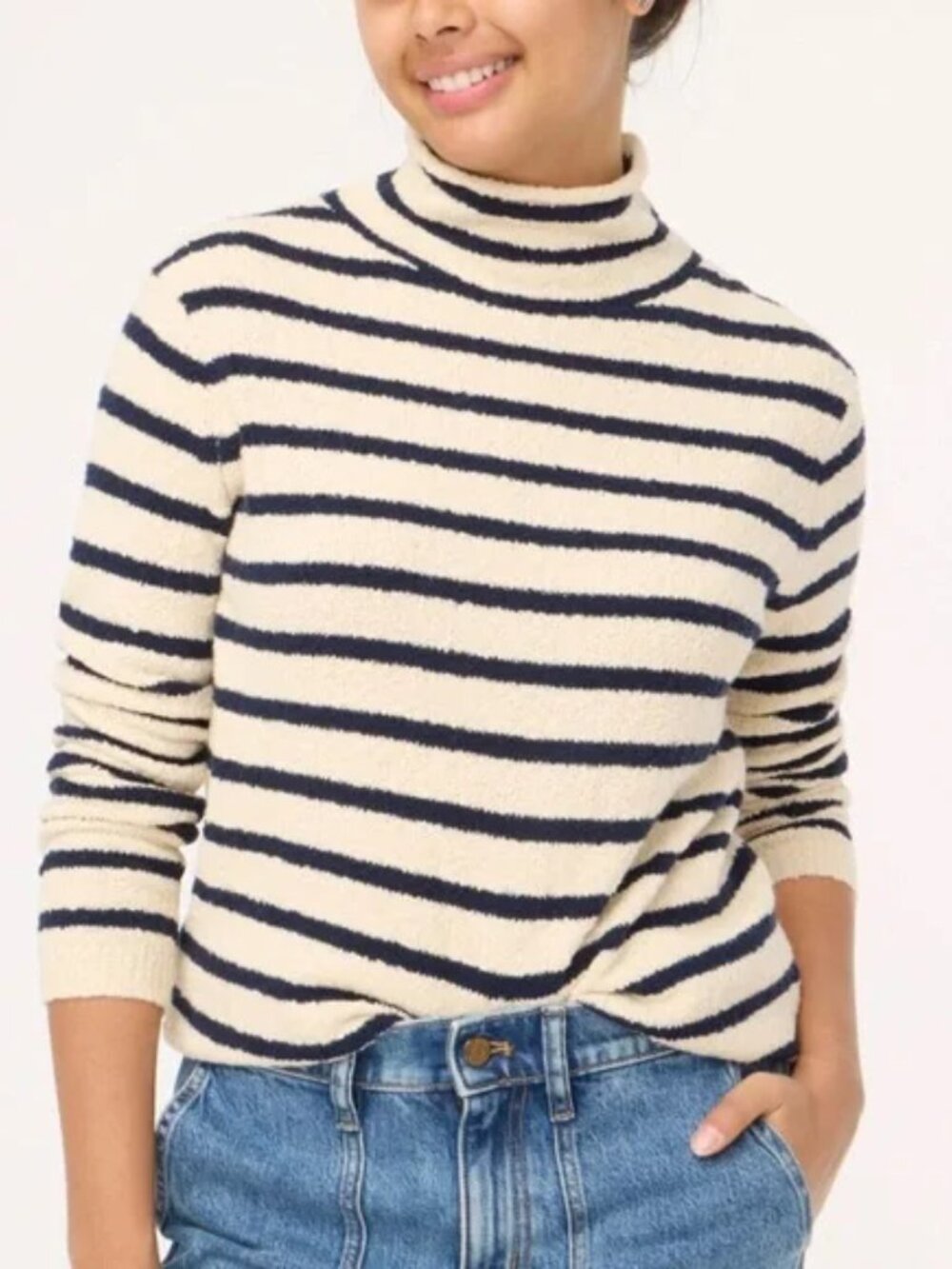 J. Crew Navy & White/Cream Striped Cozy Rollneck Pullover Sweater